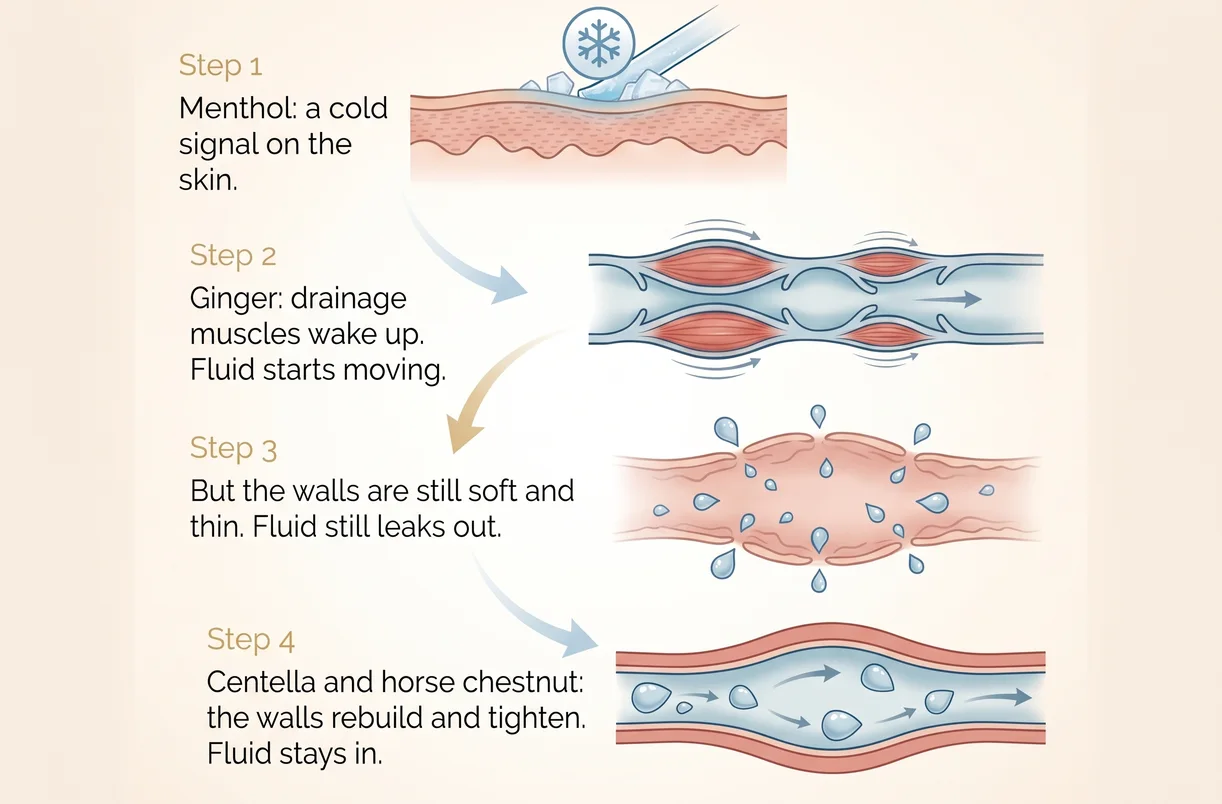 Four-step diagram: menthol gives a cold signal on the skin; ginger wakes the drainage muscles and fluid starts moving; the walls are still soft and thin and fluid leaks out; centella and horse chestnut rebuild and tighten the walls so fluid stays in