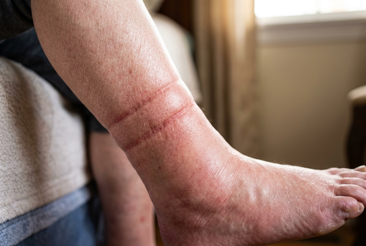 Close-up of swollen ankle with deep compression sock groove marks