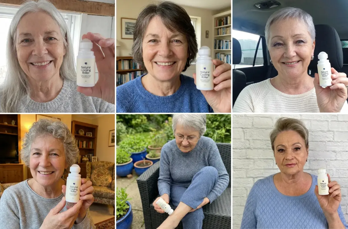 Six women each holding the Natural Cooling Roller, one rolling it on her ankle in the garden