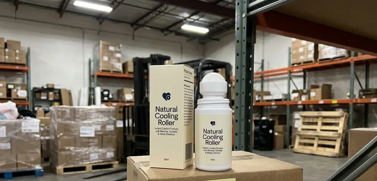 Natural Cooling Roller bottle and box in the warehouse