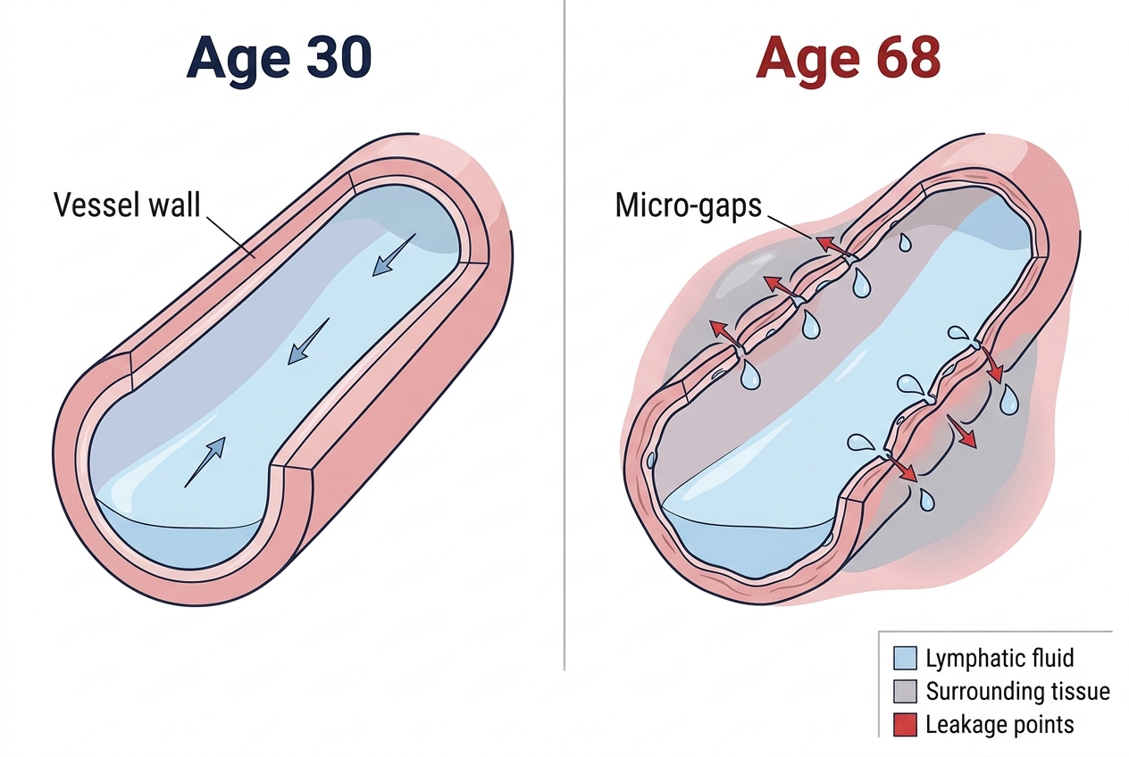 Medical diagram comparing healthy vs weakened vessel walls in aging legs