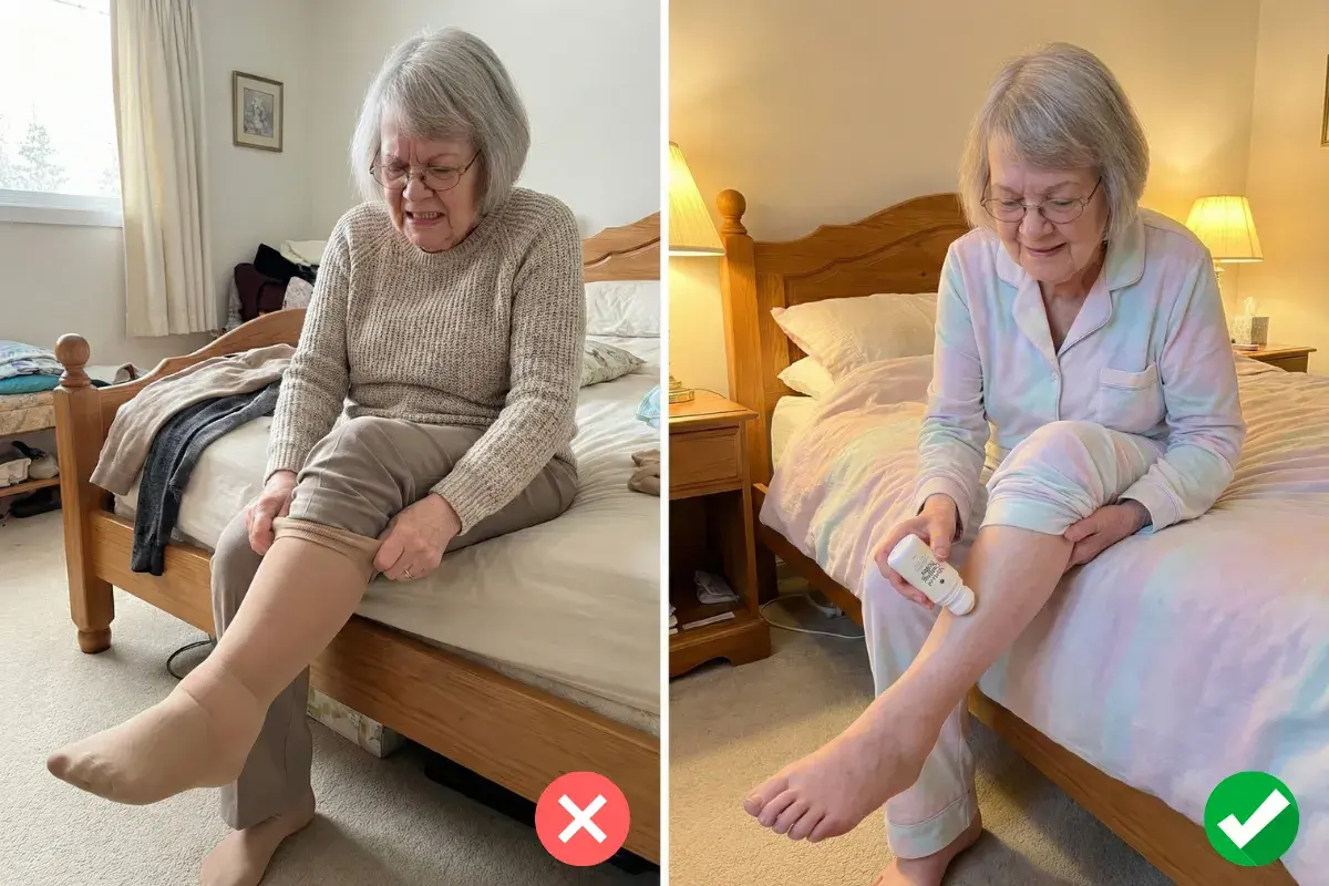 Woman on her bed: struggling with a compression sock on the left, rolling the Natural Cooling Roller on her leg on the right