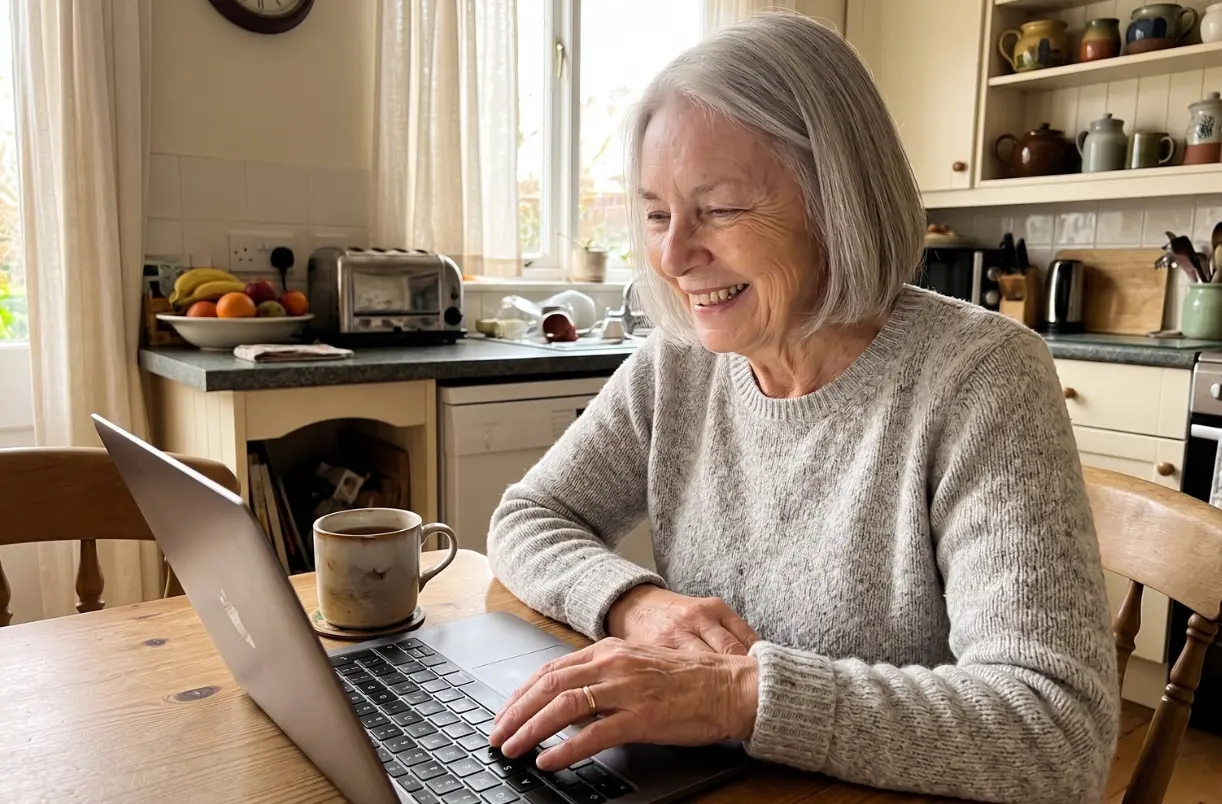 Woman smiling at her laptop at the kitchen table, coffee beside her