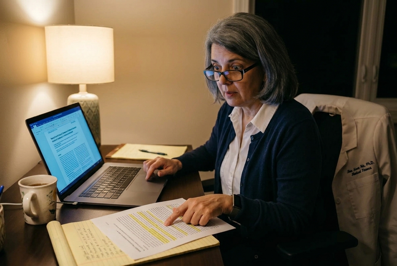 Late-night research — lamp on, laptop open to European medical journal