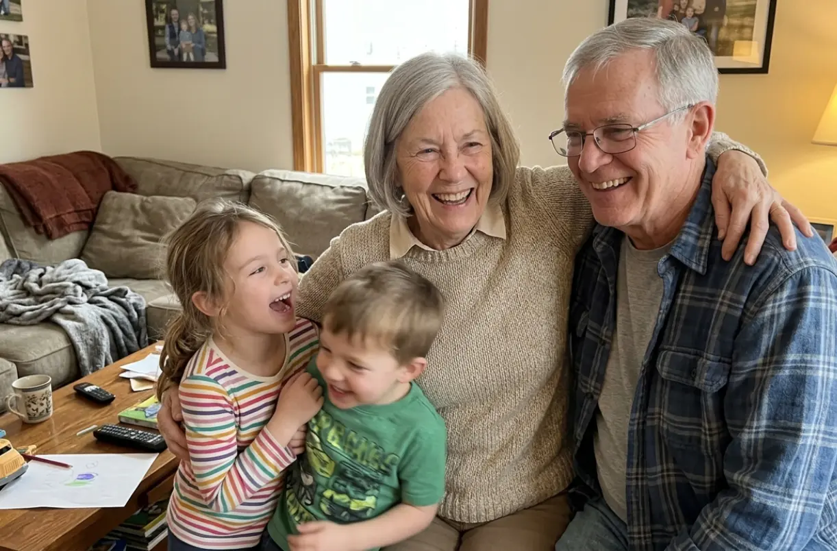 Grandparents laughing on the sofa with their two grandchildren