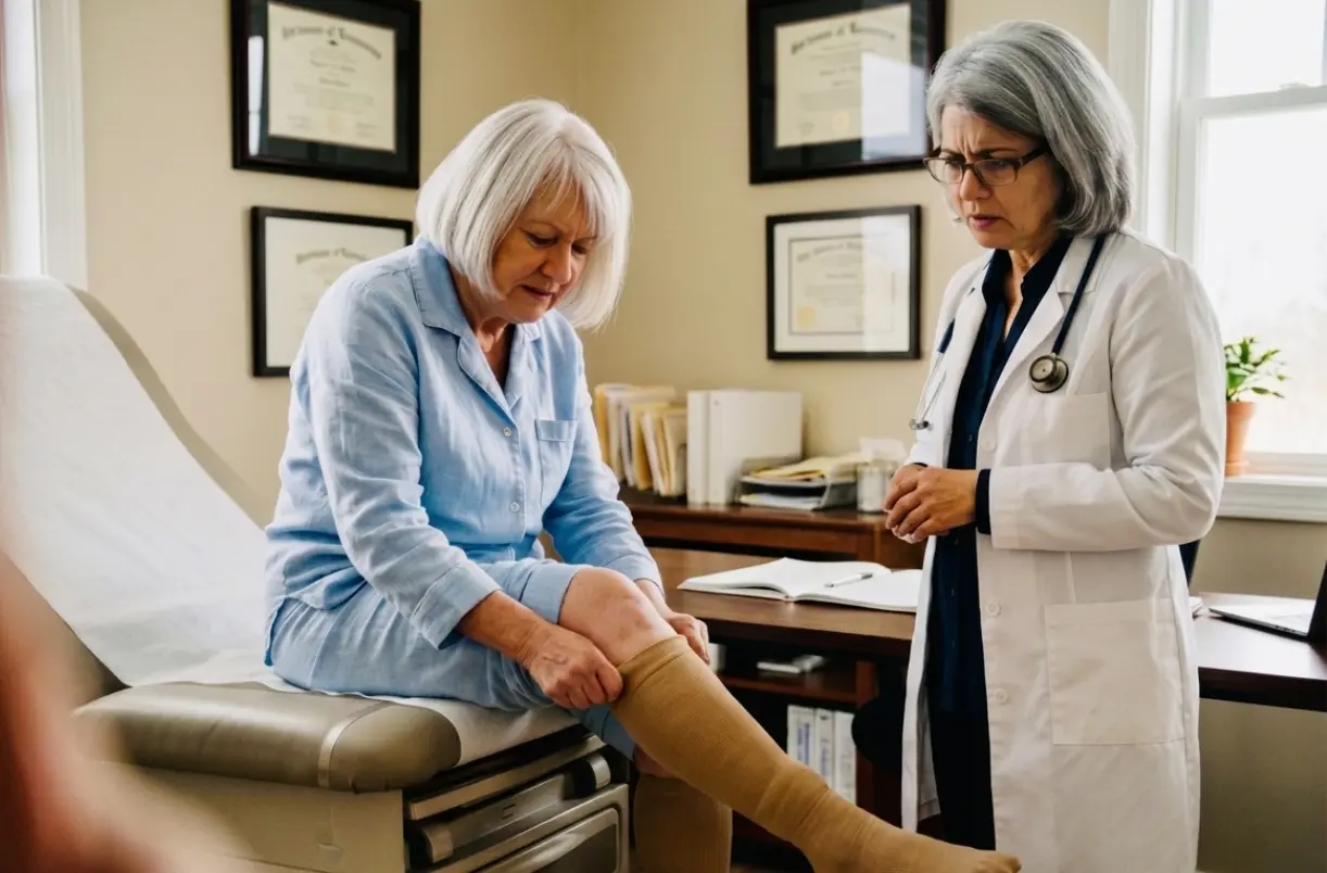 Linda on the exam table with her compression sock rolled down, Dr. Calloway standing beside her