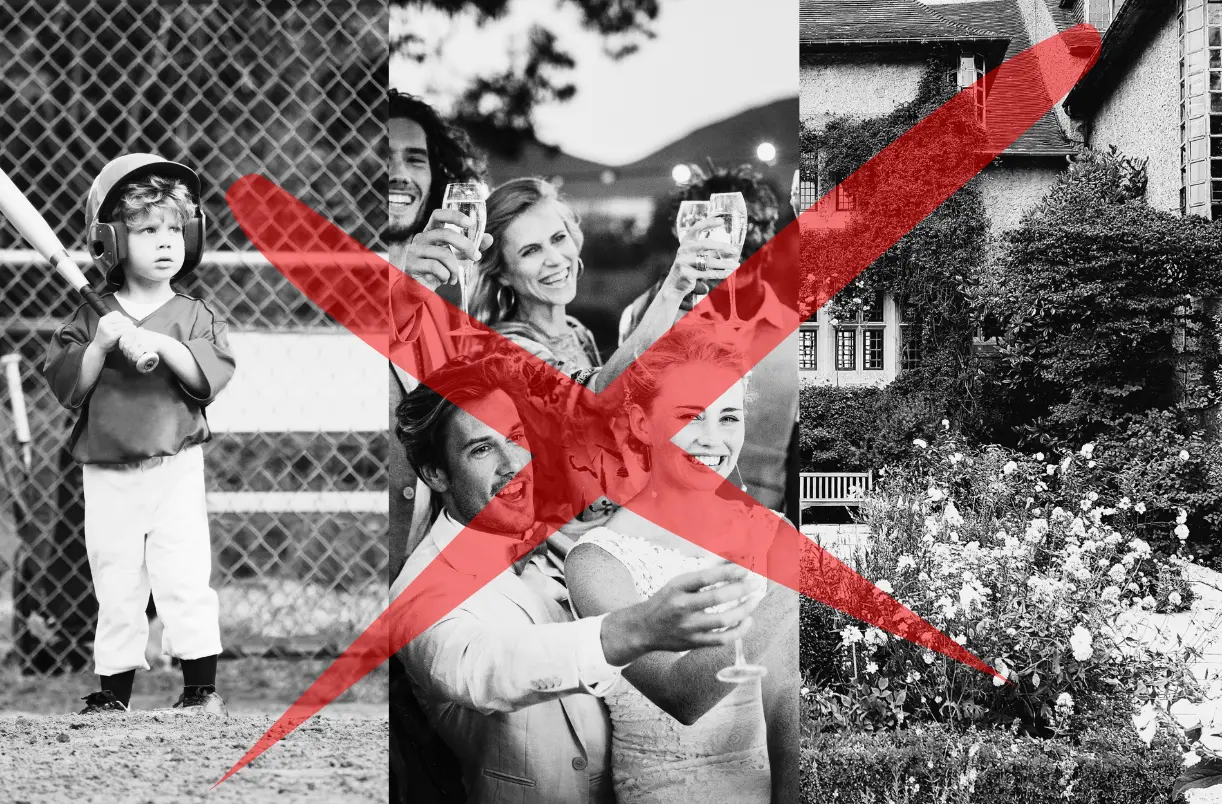 Three black-and-white photos crossed out in red: a grandchild at bat, a family toast, a garden in bloom