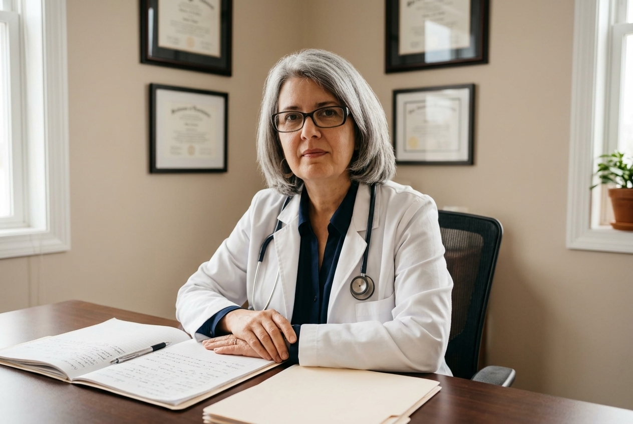 Margaret Calloway in clinic setting reviewing patient file