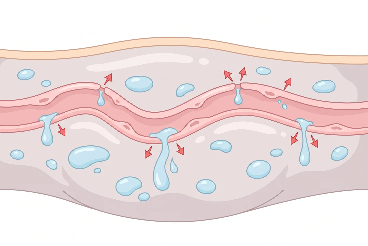 Diagram: a thin, soft vessel wall under the skin with tiny gaps, clear fluid leaking out into puffy, swollen tissue
